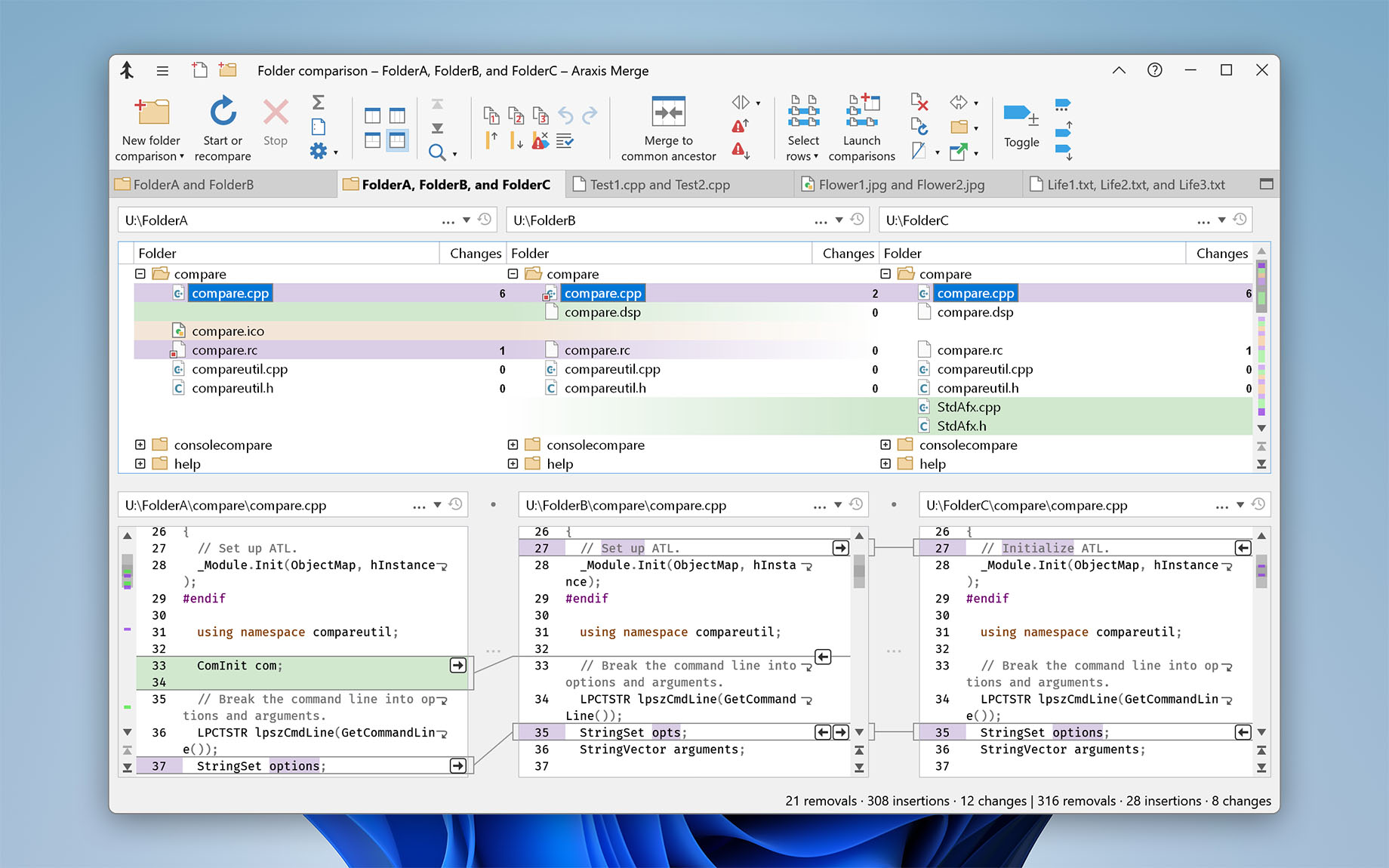 Three-way folder comparison with text comparison (Merge for Windows)