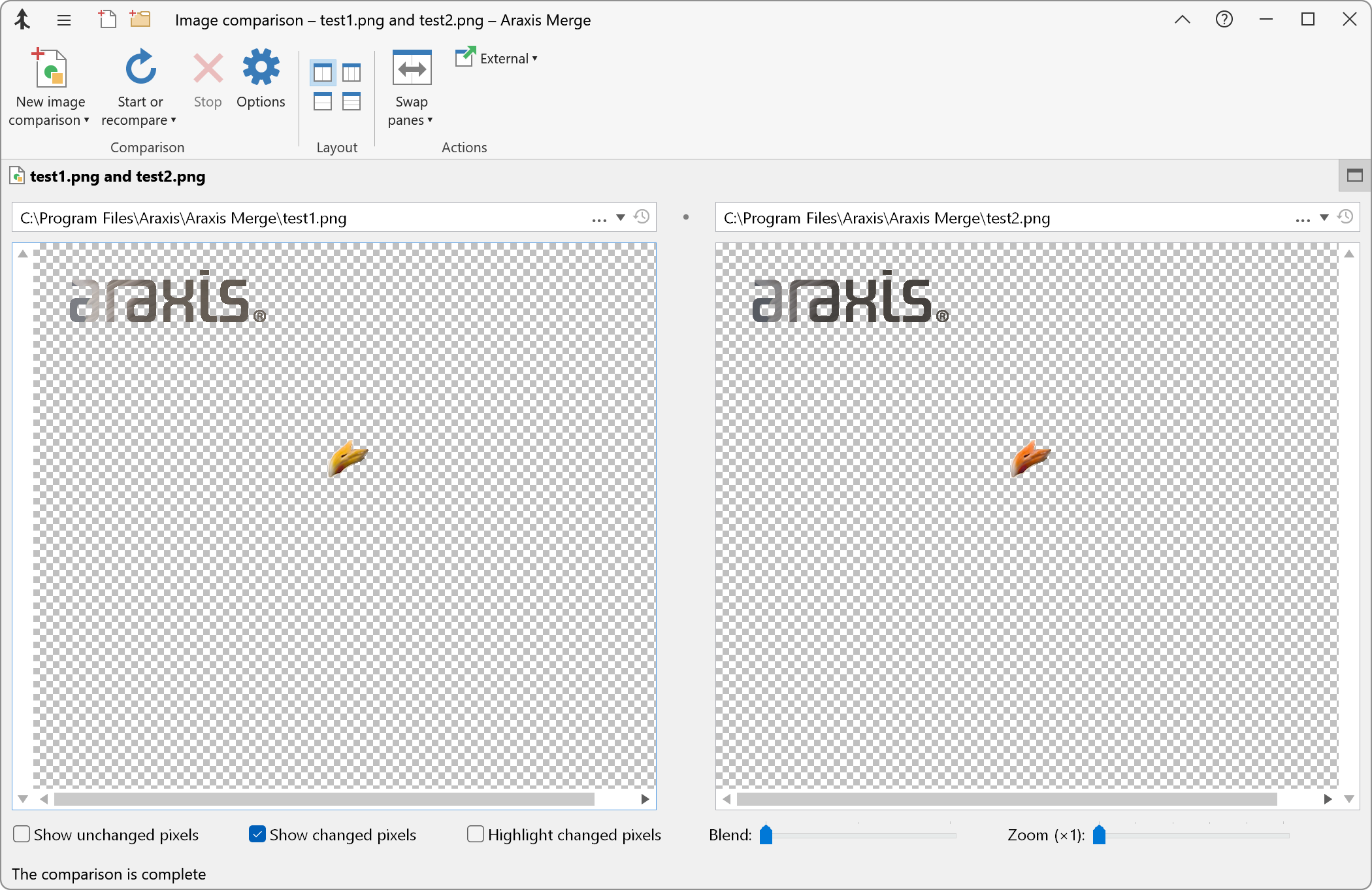 Results of comparing test1.png and test2.png, with only changed pixels visible